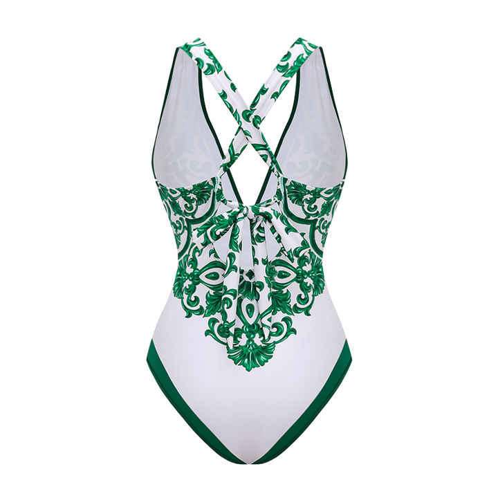 V Neck Classic Majolica Series Pattern Print One Piece Swimsuit and Pants or Skirt