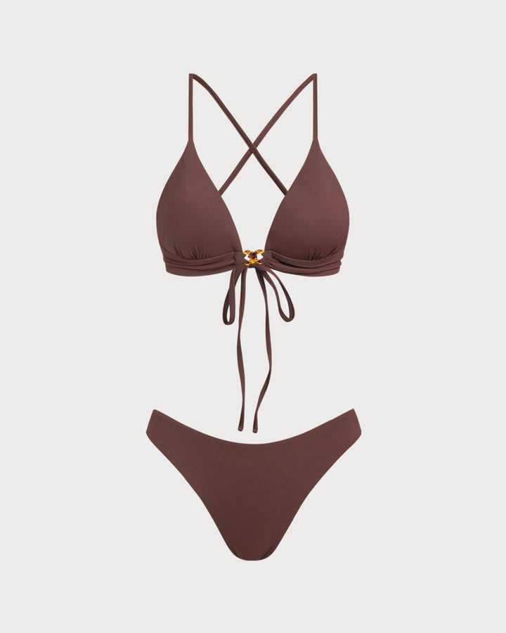 Clara & Sophia | Ribbed Knot Bikini Set for Women in Brown