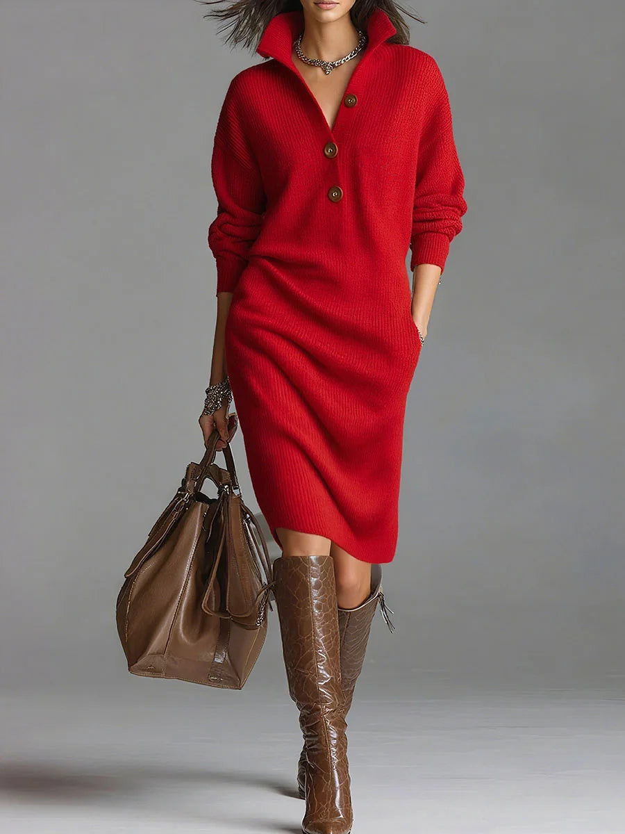Button-Collar Knit Sweater Dress