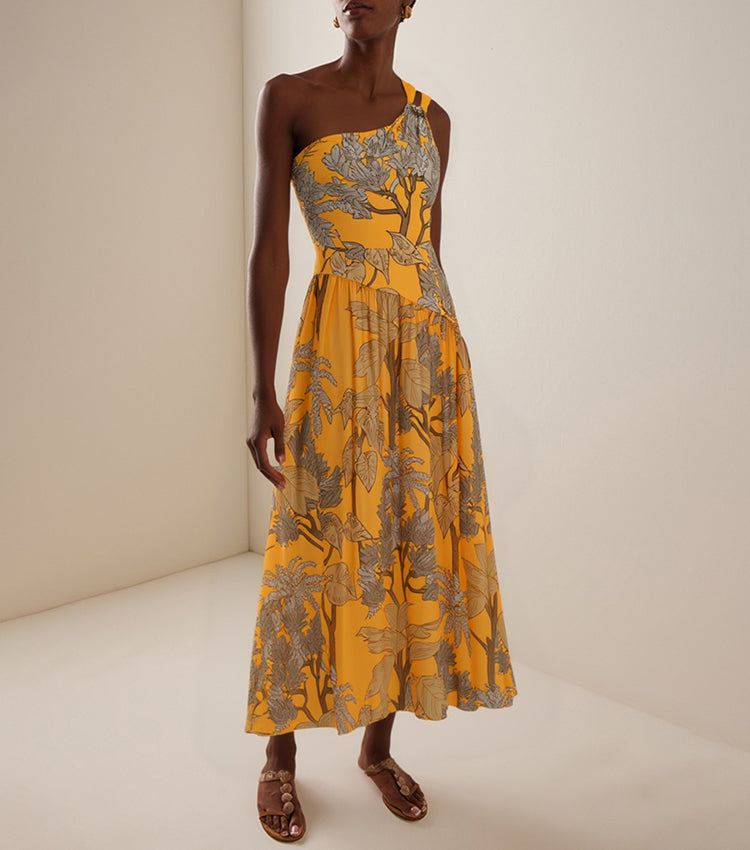 One Shoulder Yellow Printed Swimsuit Set(s)
