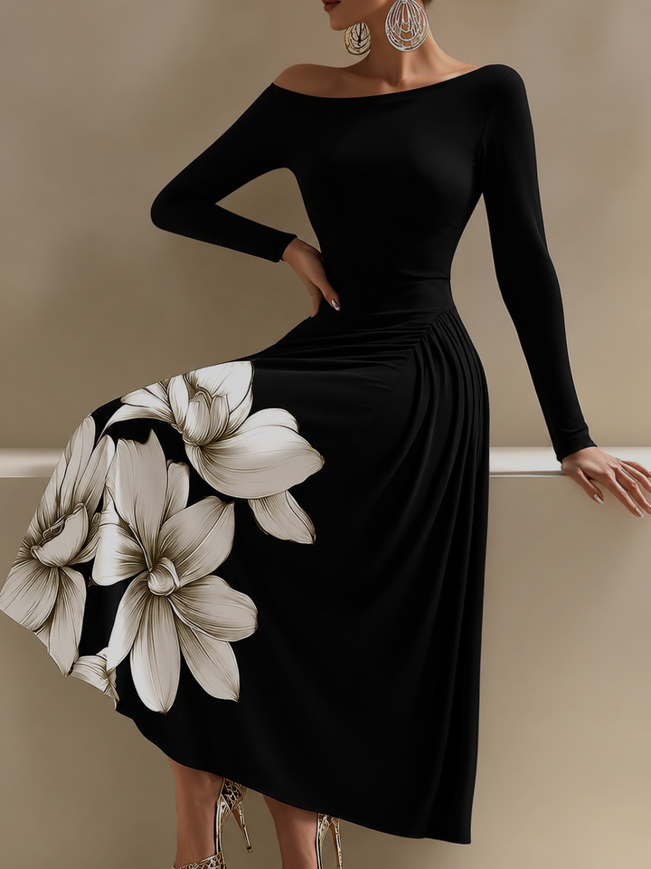 Off Shoulder Long Sleeve Floral Print Midi Dress