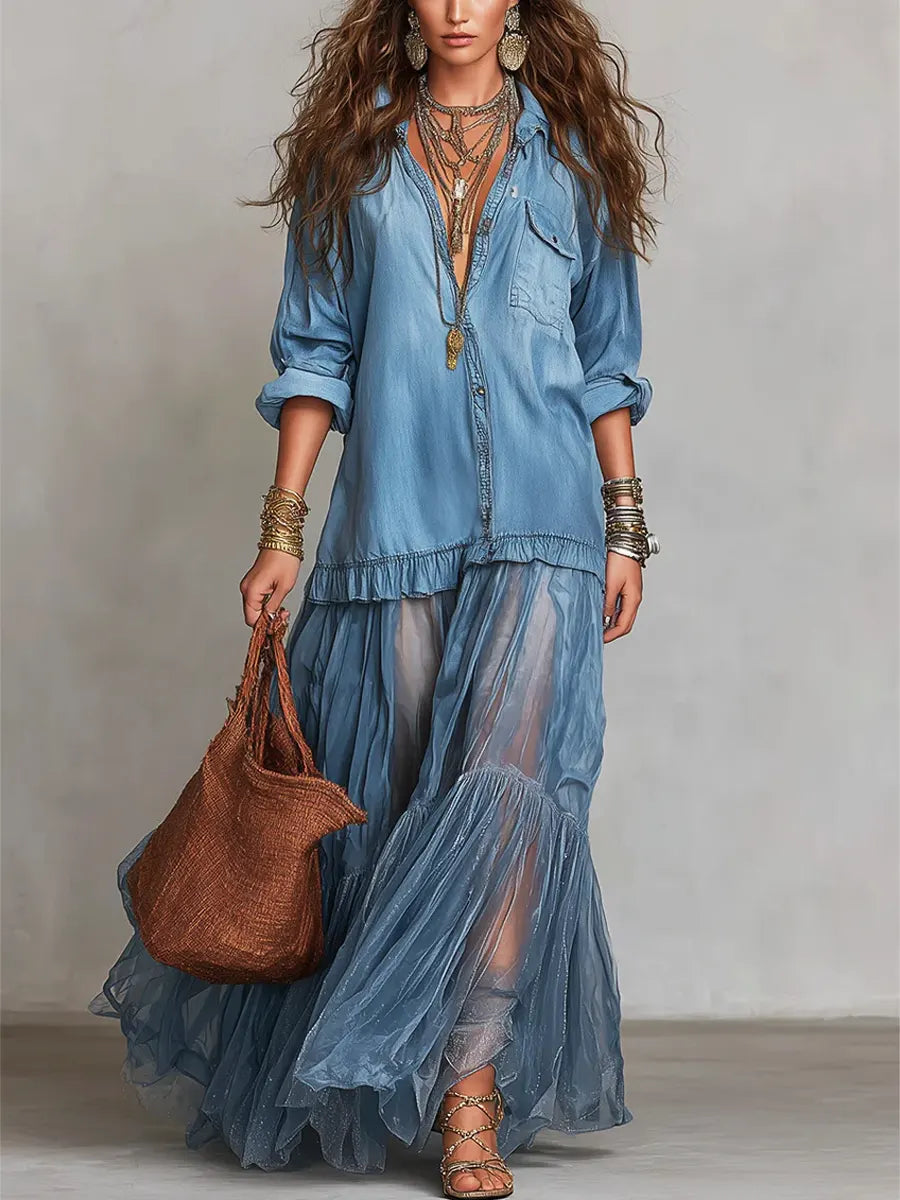 Denim & Organza Patchwork Maxi Dress