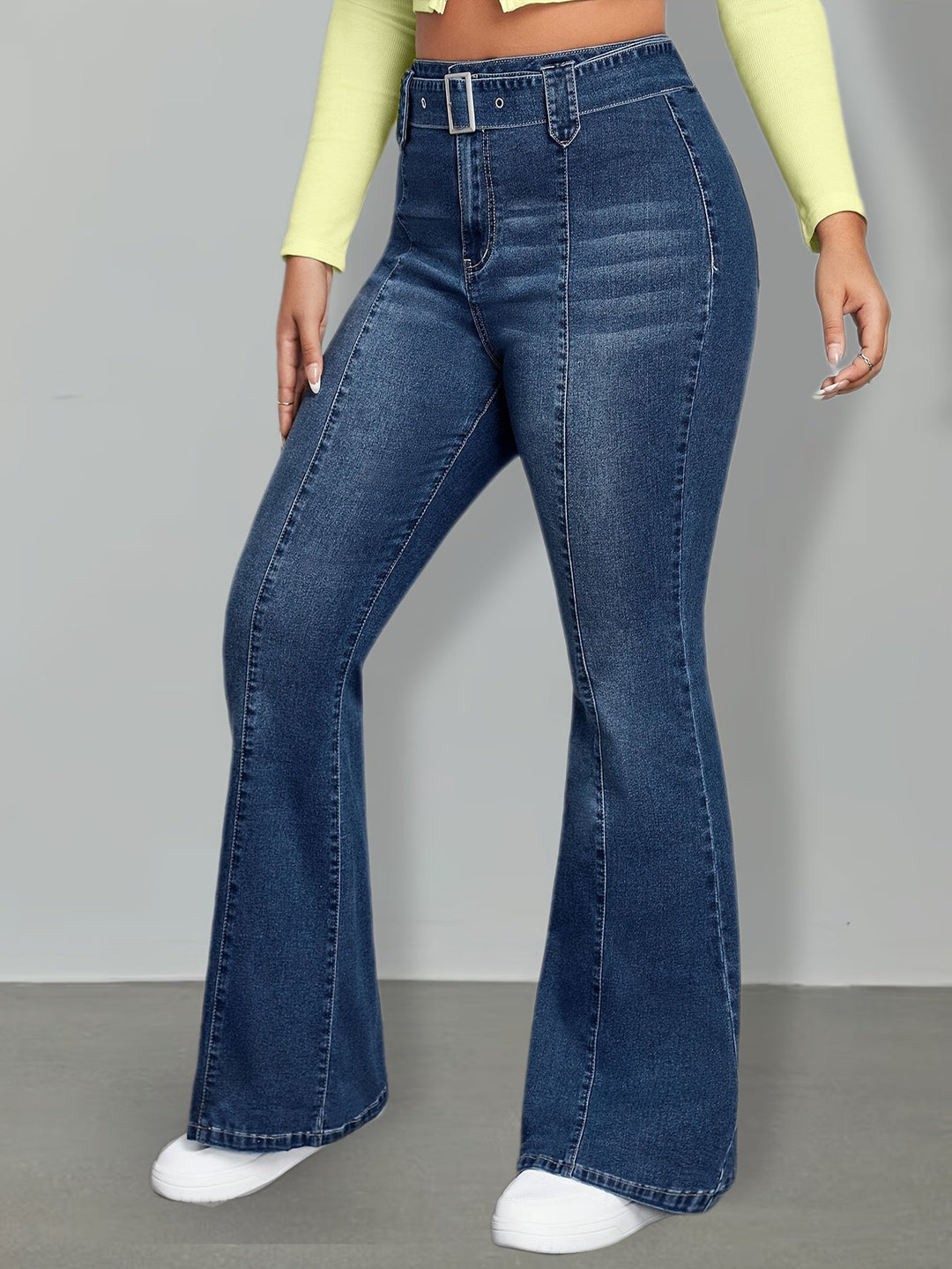Effortless Medium Blue Buckle Jeans for Women with High Waist Flare Leg Relaxed Casual Style