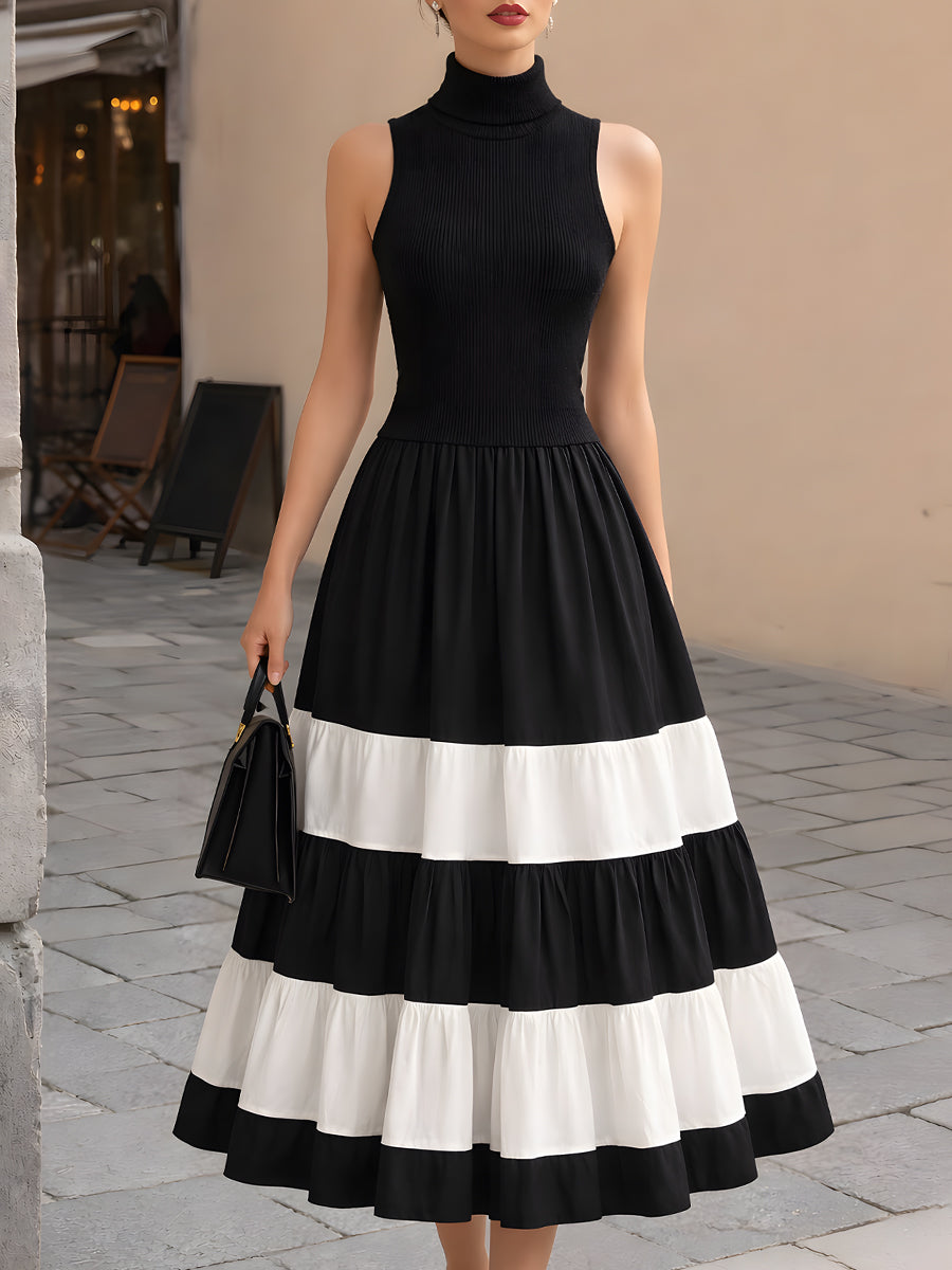 High-Neck Ribbed Knit Contrast Tiered Maxi Dress