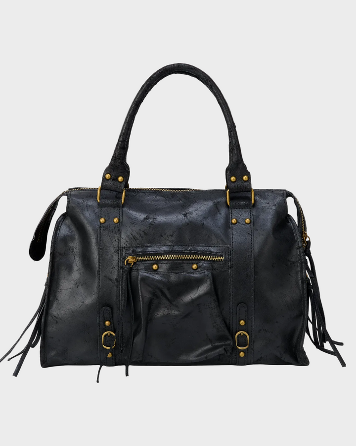 Large Black Shoulder Bag with Gold-Tone Zip Closure