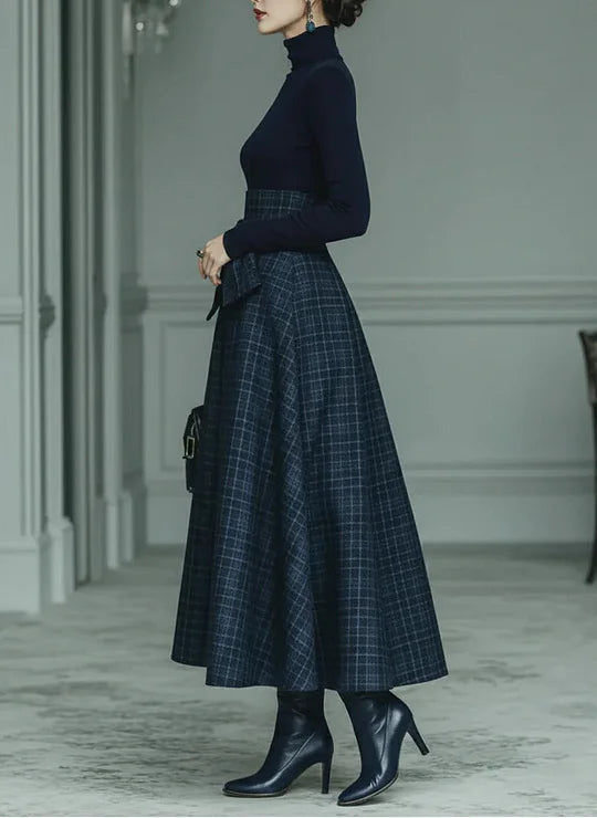 High-Neck Top & Plaid Skirt Set