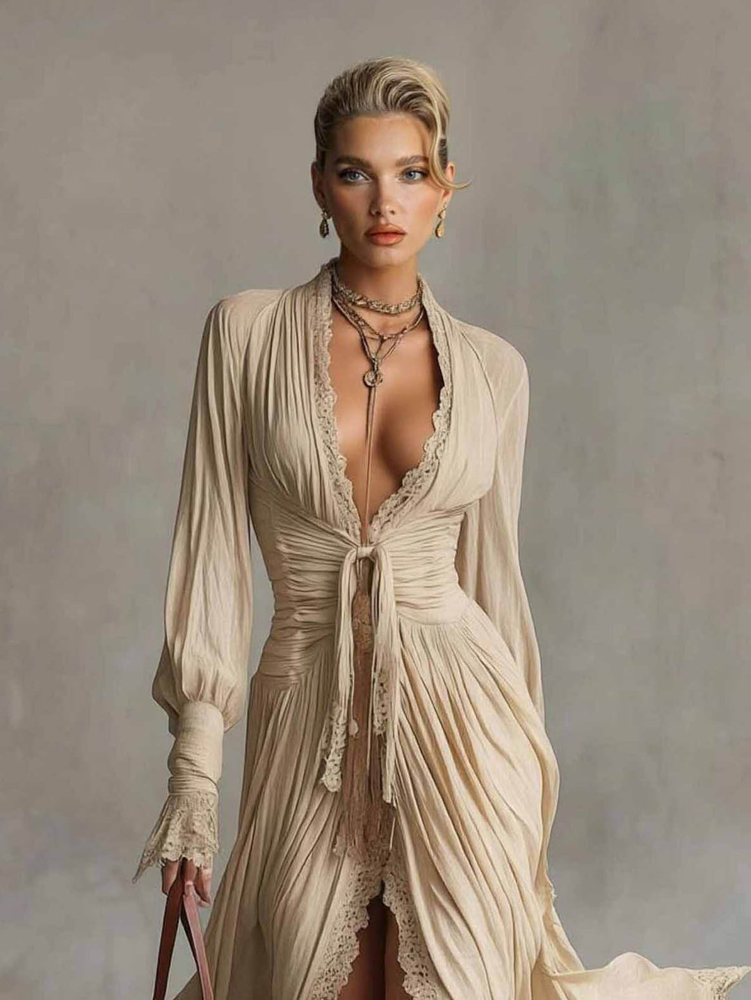 Casual Lace-Trimmed Ruffled Shirt Dress