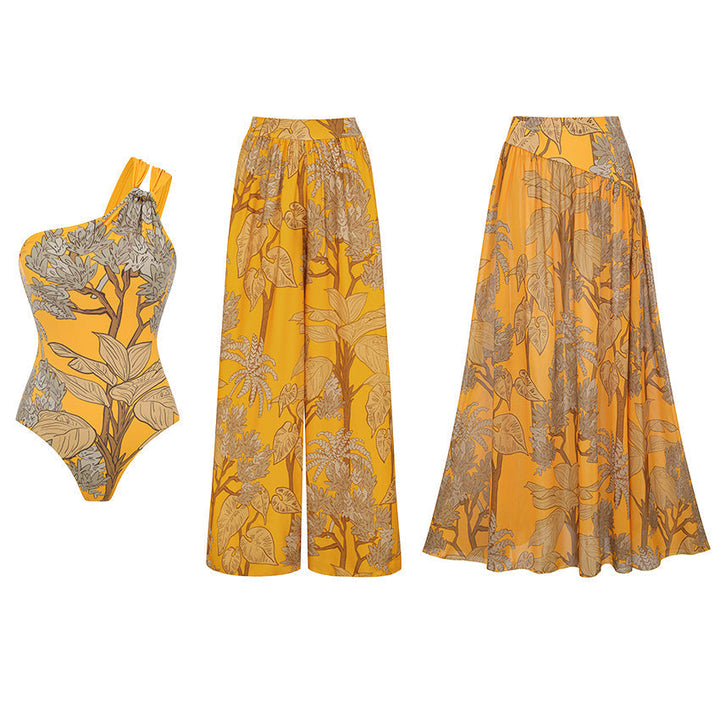 One Shoulder Yellow Printed Swimsuit Set(s)
