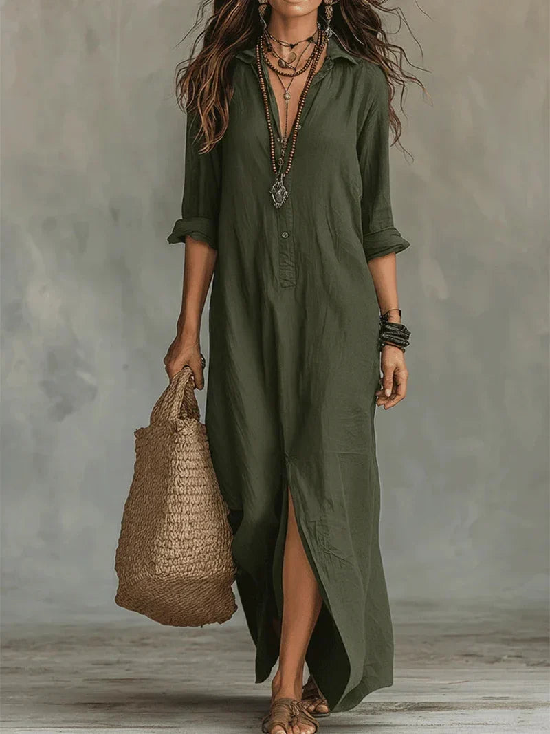 Collared Button-Front Maxi Dress
