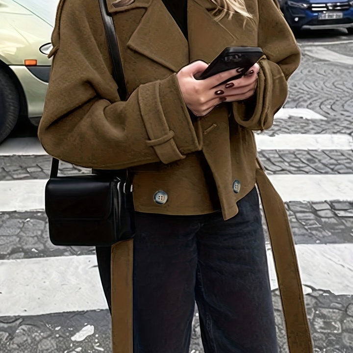 Elegant Coffee Brown Pea Coat for Women with Notch Lapel Long Sleeve Belted Oversized Style