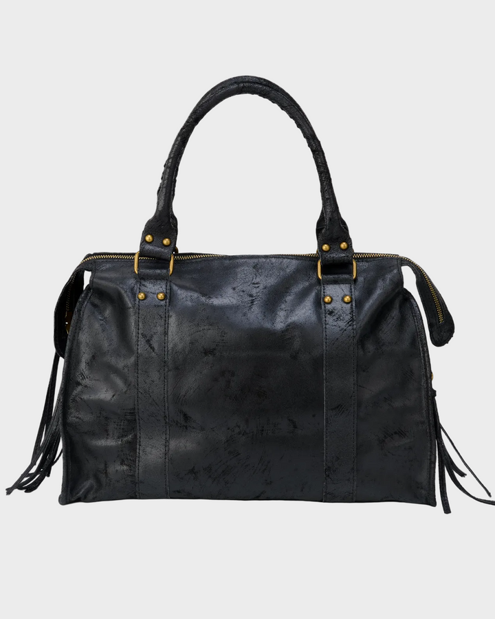 Large Black Shoulder Bag with Gold-Tone Zip Closure