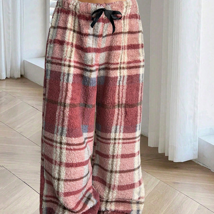 Cozy Plaid Wide Leg Sweatpants for Women with Drawstring Waist Plush Fleece Lounge Style