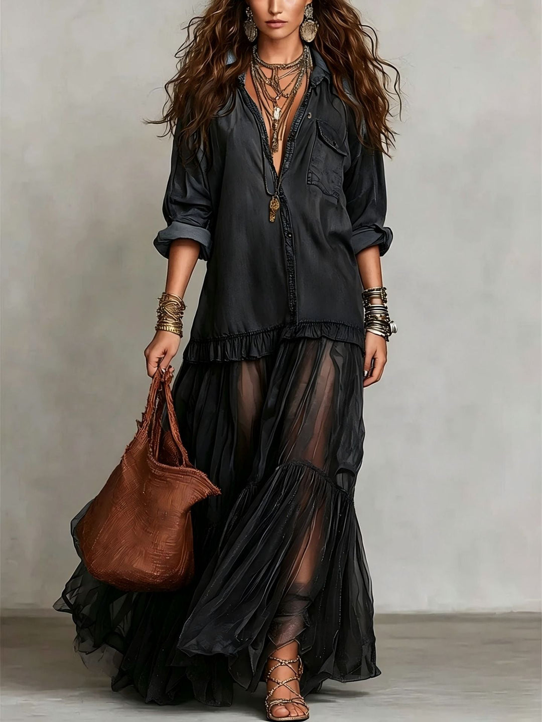 Denim & Organza Patchwork Maxi Dress