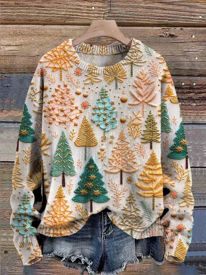 Cozy Embroidered Tree Print Women's Xmas Sweater with Crew Neck Long Sleeve Relaxed Knit Style