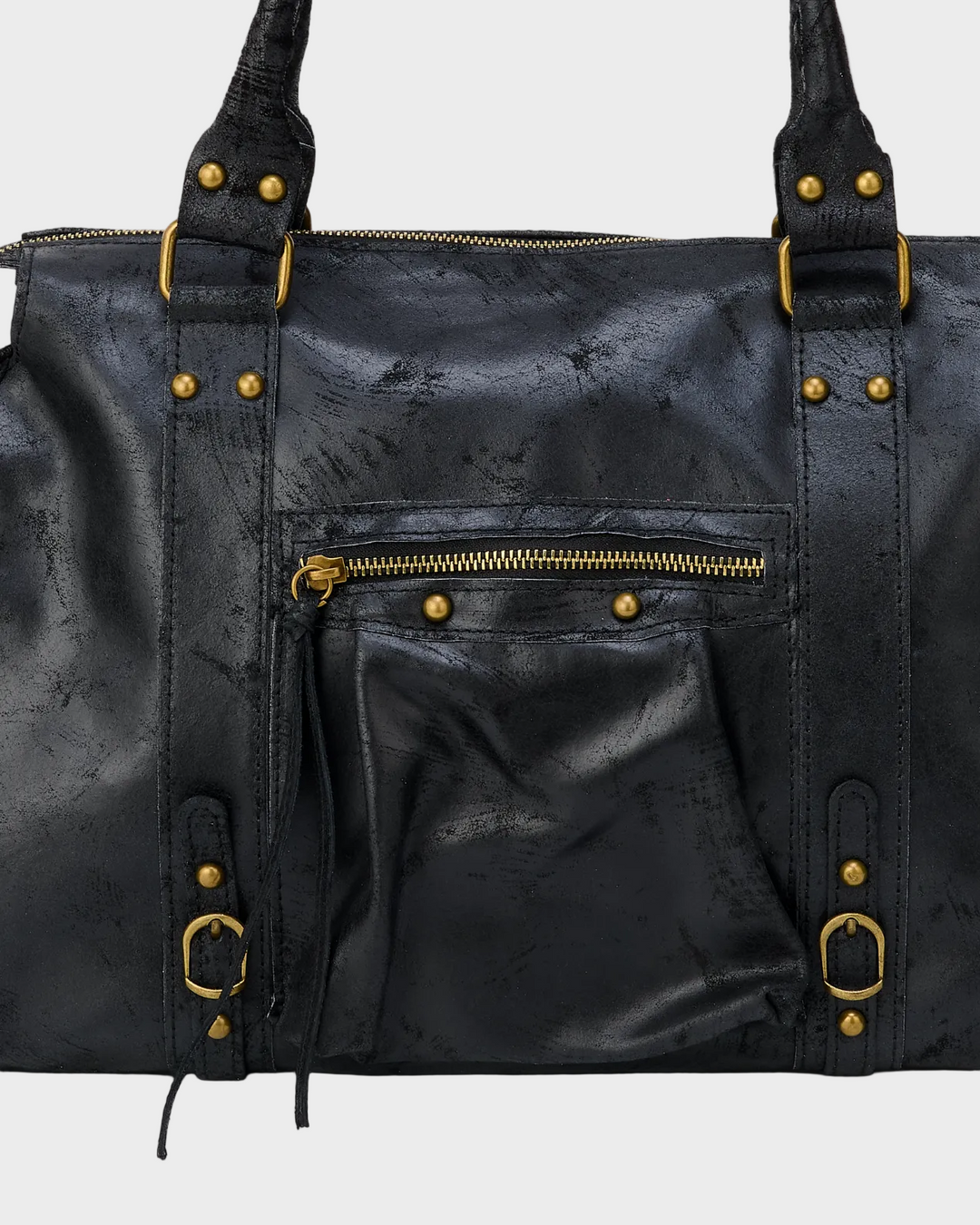 Large Black Shoulder Bag with Gold-Tone Zip Closure