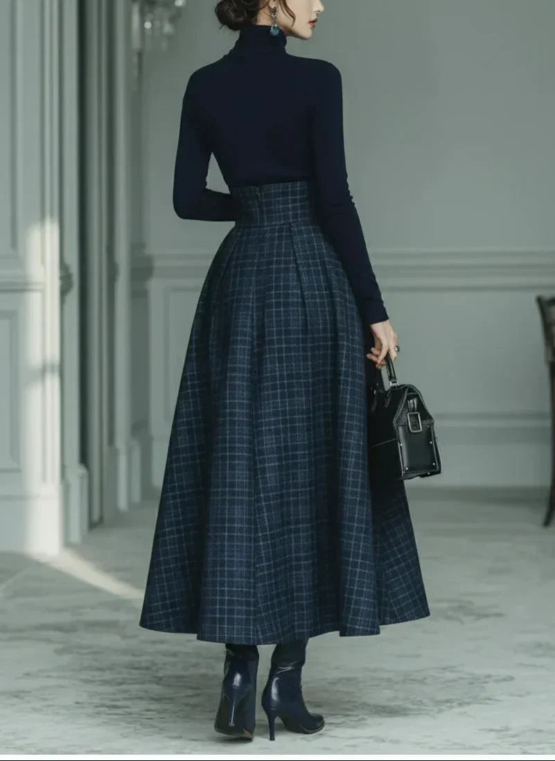 High-Neck Top & Plaid Skirt Set