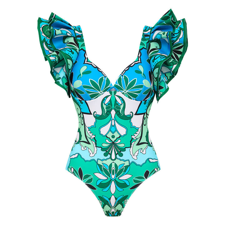 Ruffle Sleeves Blue and Green Pattern One Piece Swimsuit and sarong