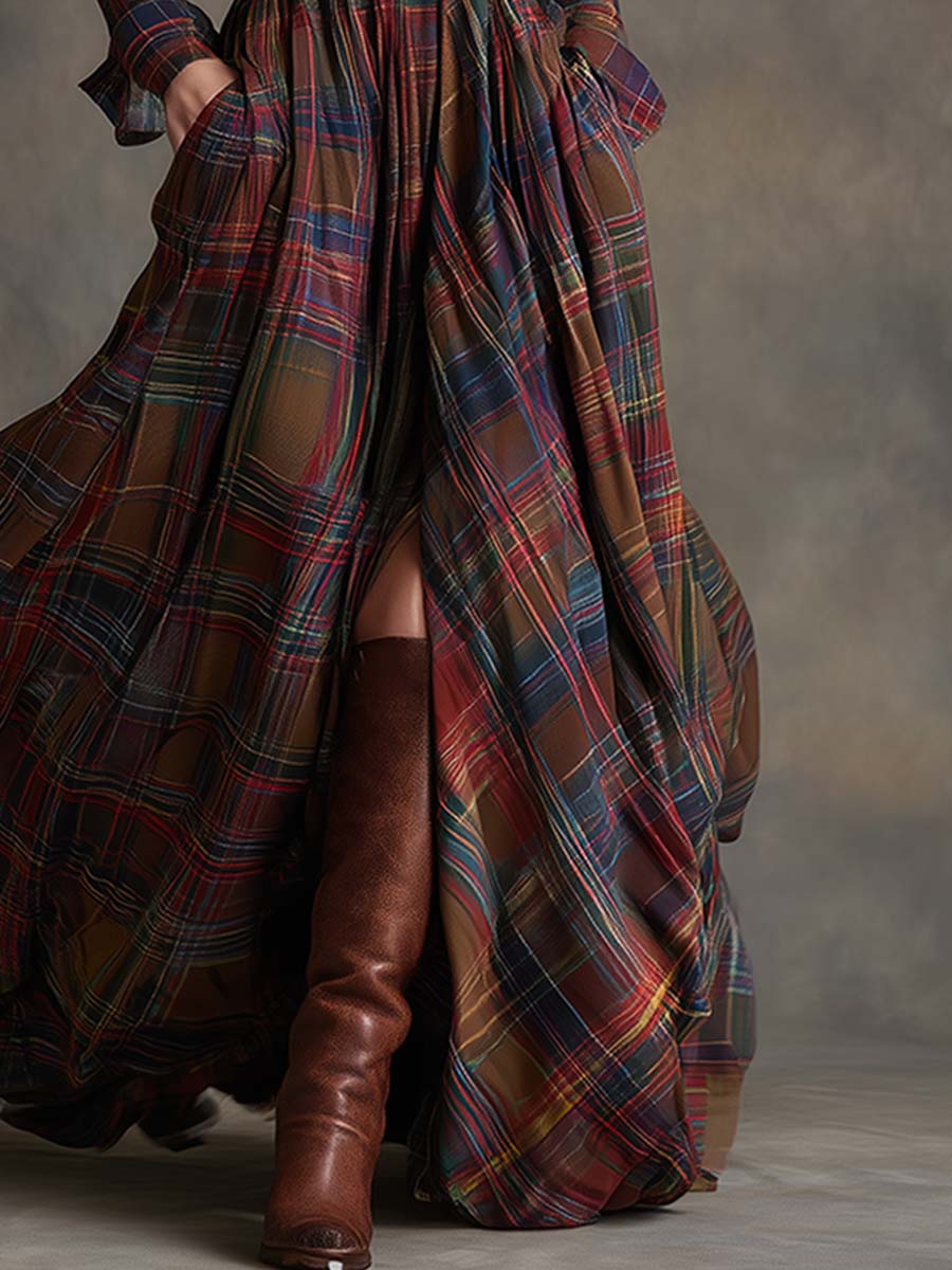 SIENNA – ELEGANT PLAID MAXI SHIRT DRESS