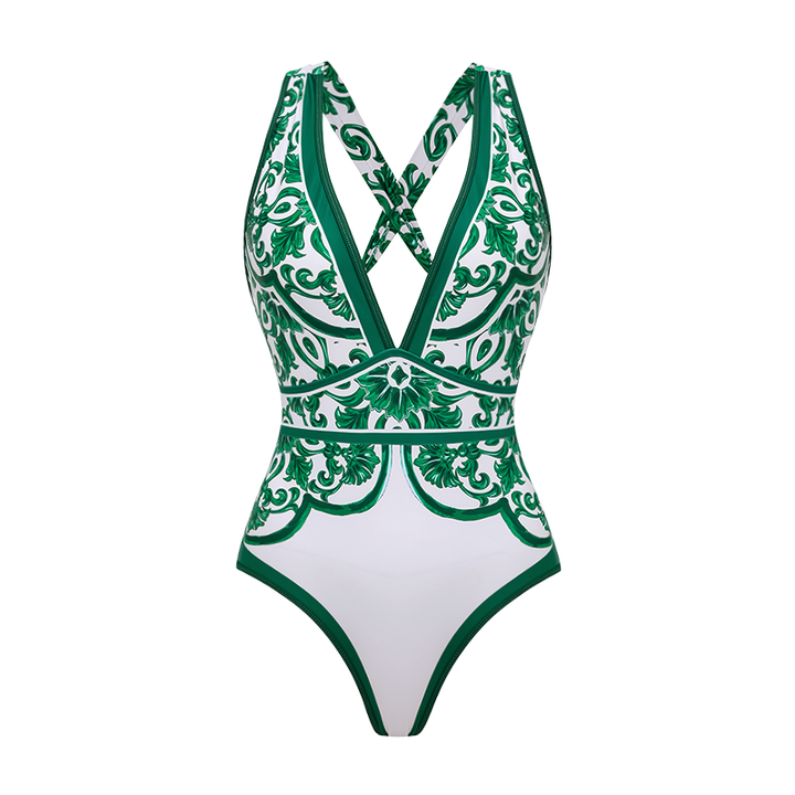 V Neck Classic Majolica Series Pattern Print One Piece Swimsuit and Pants or Skirt
