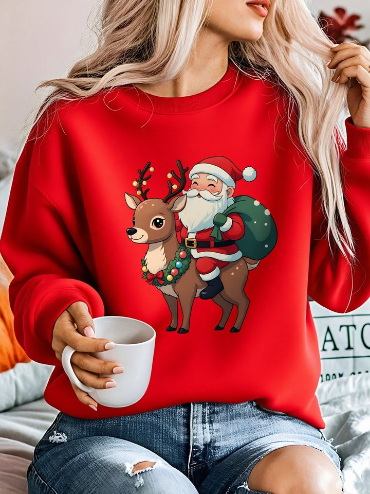 Cozy Graphic Christmas Tacky Sweater for Women with Crew Neck Long Sleeve Santa Reindeer Print Pullover Style