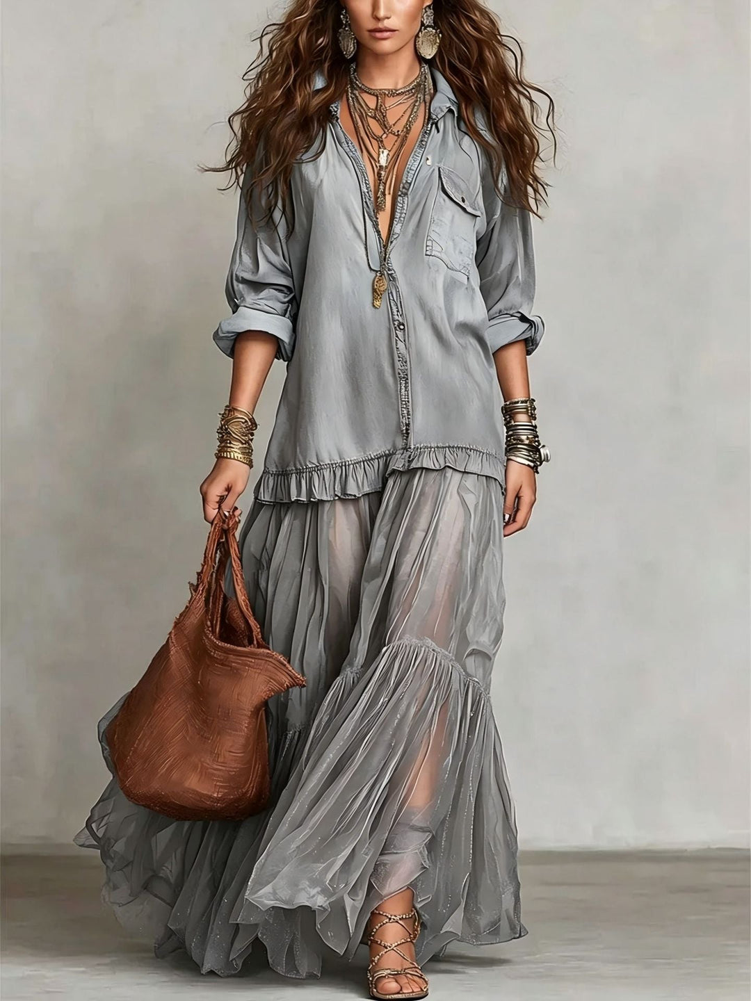 Denim & Organza Patchwork Maxi Dress
