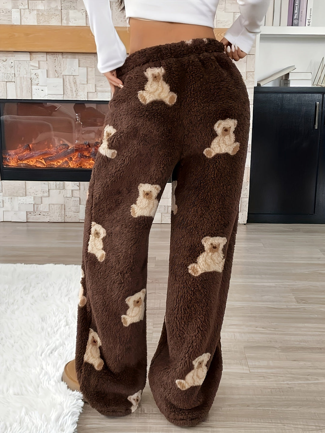 Cozy Brown Teddy Bear Sweatpants for Women with Drawstring Waist Wide Leg Plush Fleece Lounge Style