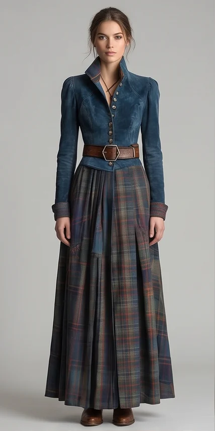 Blue Checkered Retro Maxi Dress (includes a belt)
