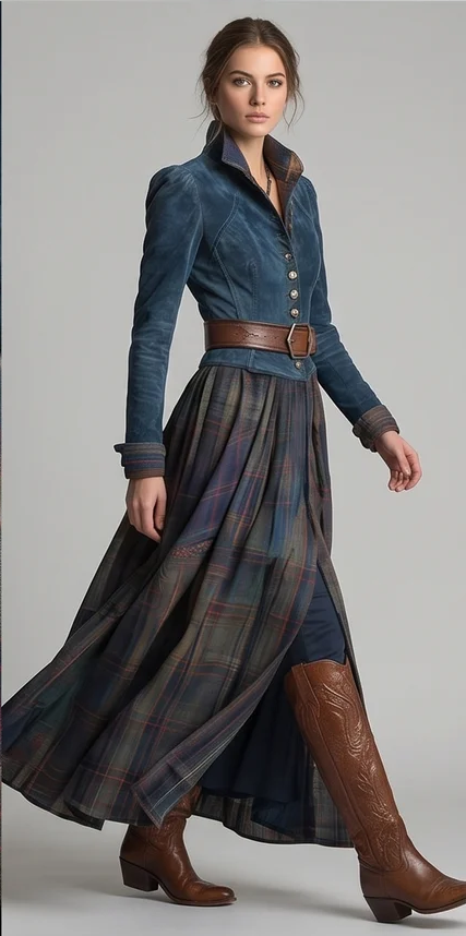 Blue Checkered Retro Maxi Dress (includes a belt)