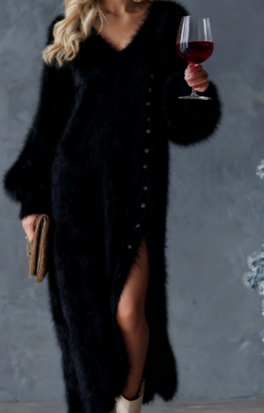 Plush Knit Button Slit Maxi Sweater Dress