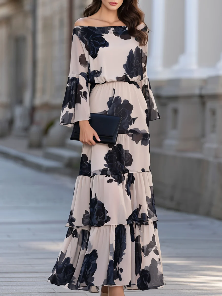 Beige Off‑Shoulder Printed Ruffle Hem Elegant Maxi Dress