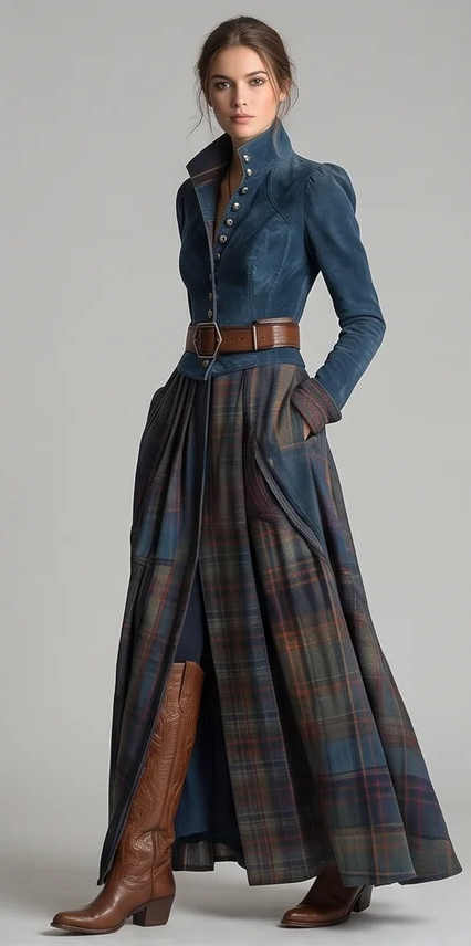 Blue Checkered Retro Maxi Dress (includes a belt)