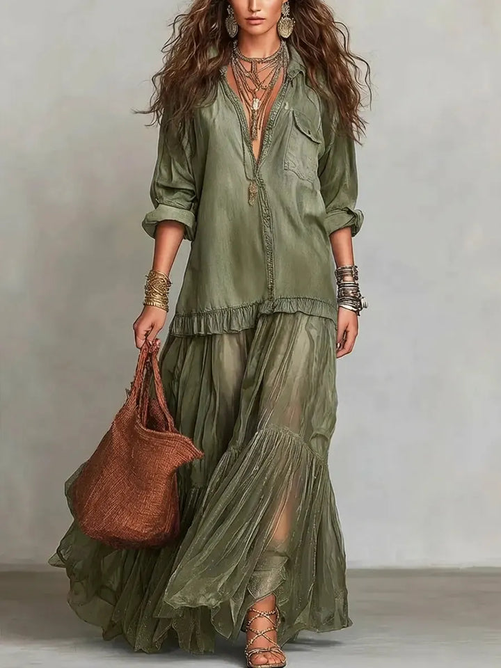 Denim & Organza Patchwork Maxi Dress