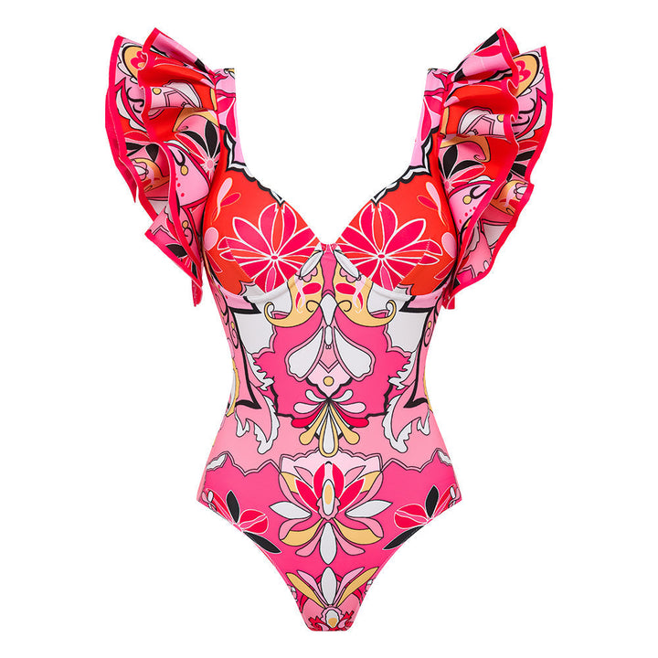 Ruffle Sleeves Red and Pink Pattern One Piece Swimsuit and Skirt