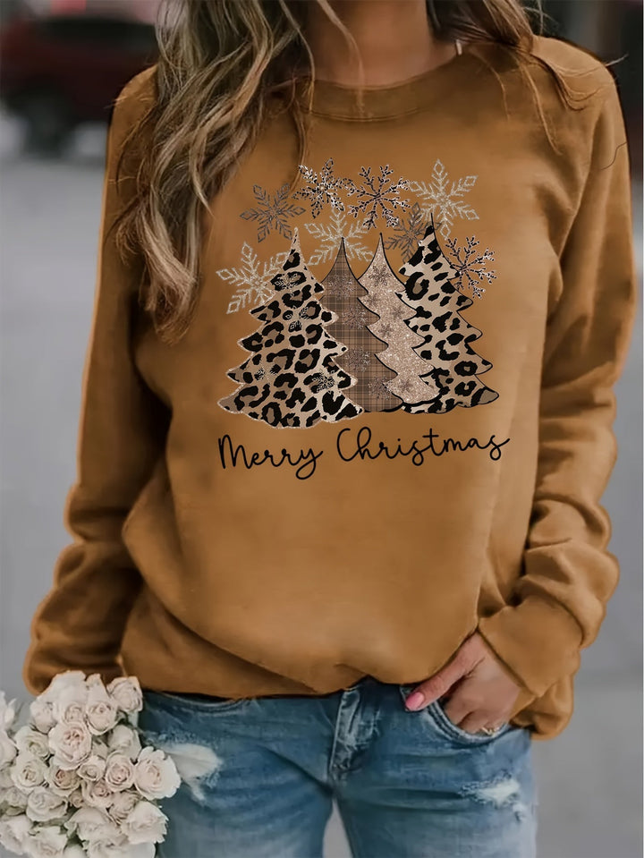 Comfortable Khaki Leopard Print Women's Christmas Sweater with Crew Neck Long Sleeve Drop Shoulder Oversized Knit Style