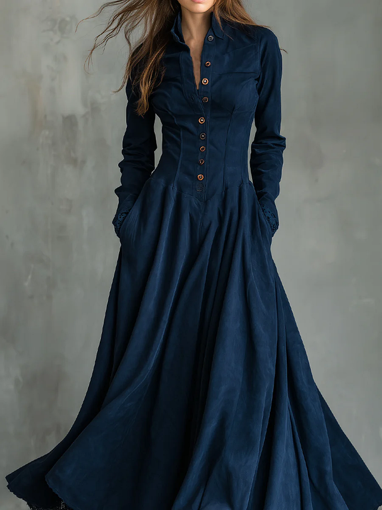 Dark Blue Faux Suede Lace Collar Maxi Dress