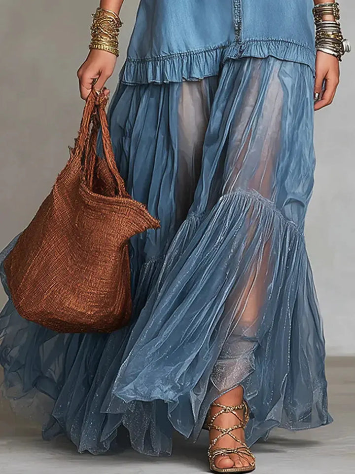 Denim & Organza Patchwork Maxi Dress