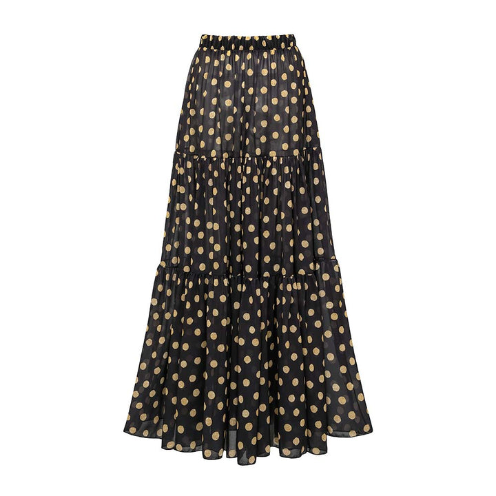 Black and Gold Polka Dots V-neck One Piece Swimsuit and Skirt