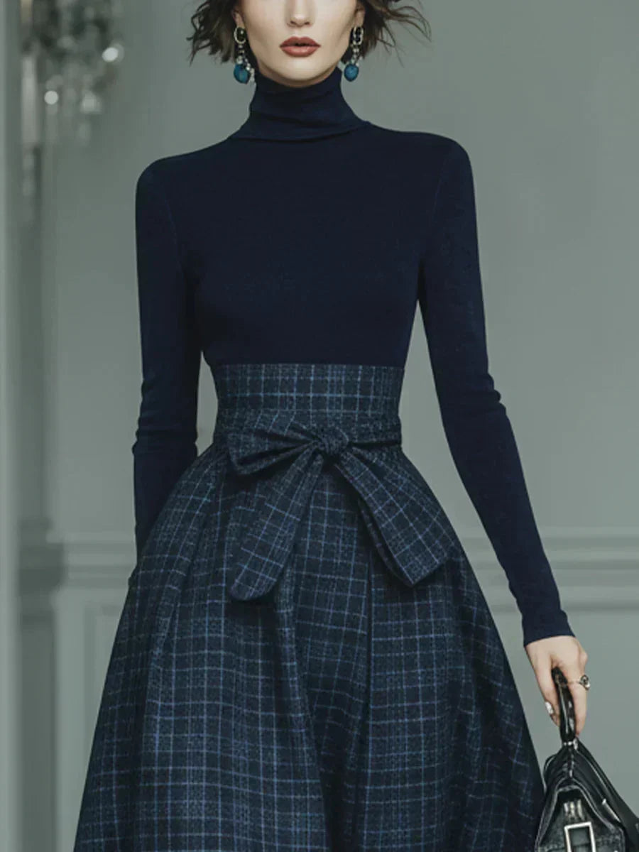 High-Neck Top & Plaid Skirt Set