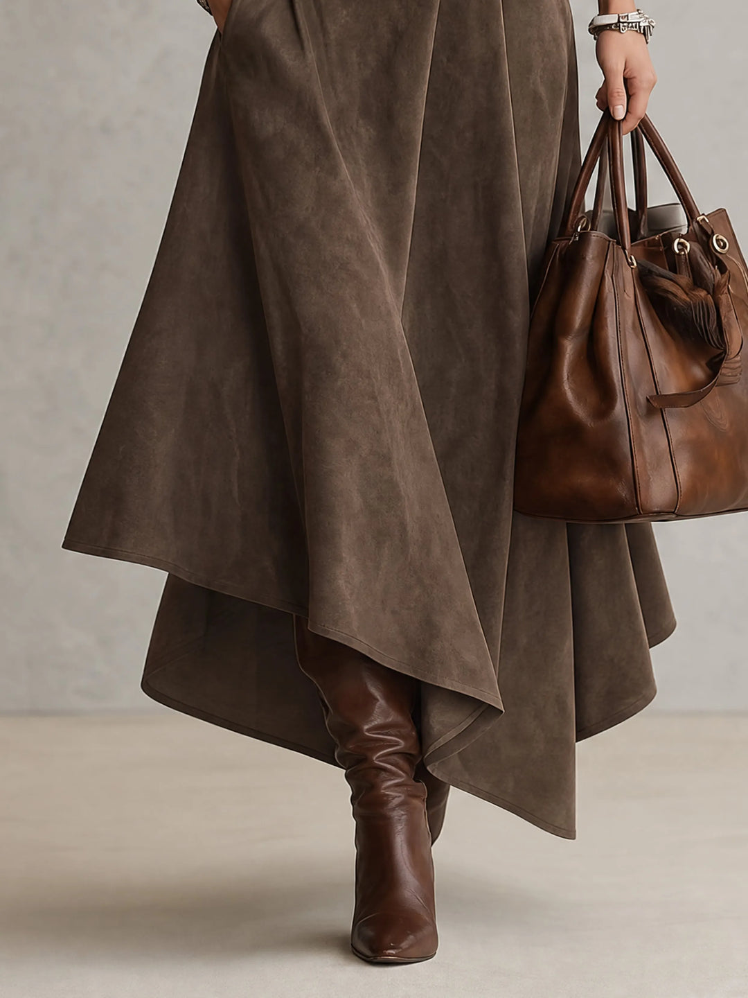 Taupe High-neck Top And Asymmetric Faux-suede Skirt Set(with belt)