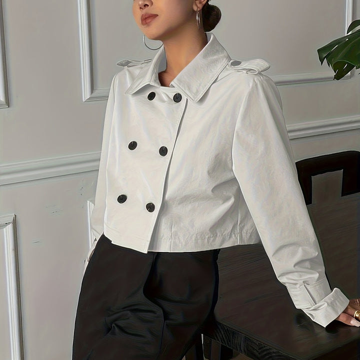 Elegant Khaki Pea Coat for Women with Notch Lapel Long Sleeve Double Breasted Cropped Style