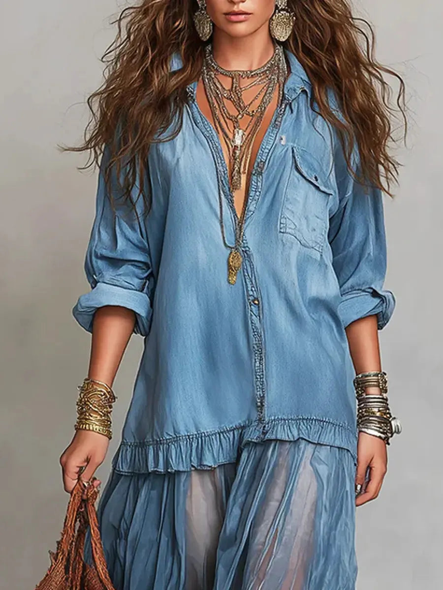 Denim & Organza Patchwork Maxi Dress