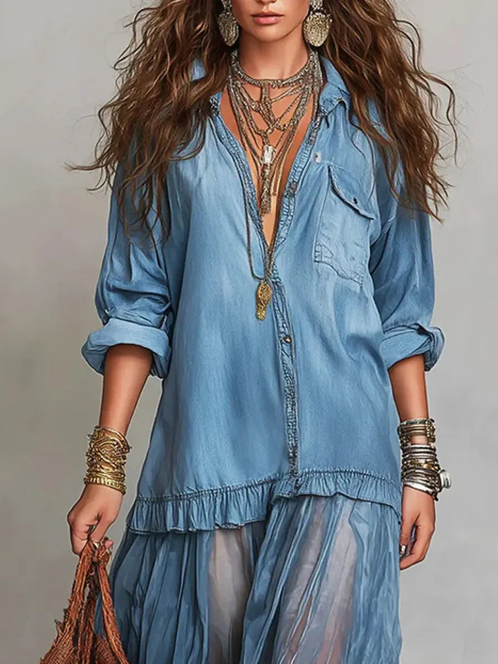 Denim & Organza Patchwork Maxi Dress
