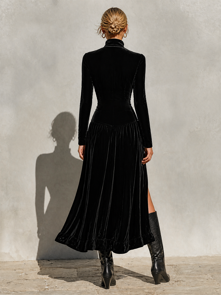 Black Velvet Stand Collar Button-Down Front Slit Maxi Dress