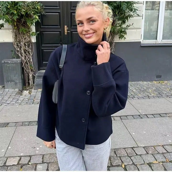 Elegant Wool Pea Coat for Women with Stand Collar Long Sleeve Oversized Button Front Winter Style
