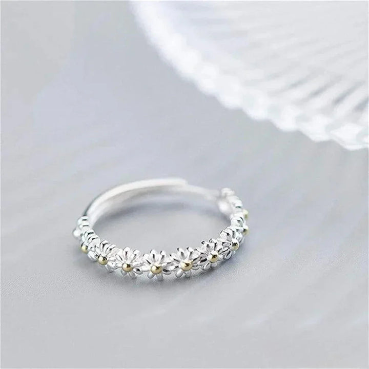 Adjustable Silver Ring with Hand-Painted Enamel Daisy