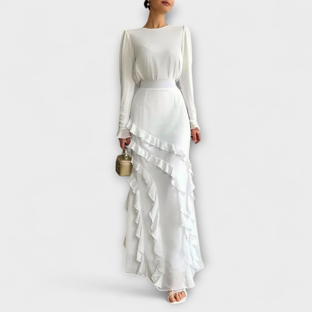 Fallon - Slim Fit Long Dress with Three-Dimensional Ruffles