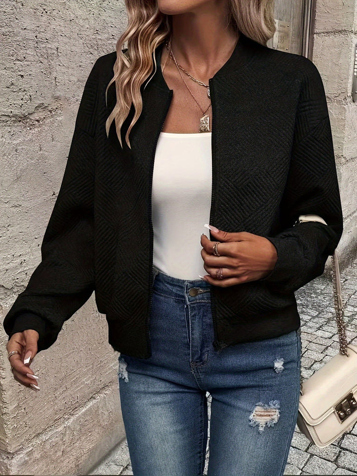 Effortless Quilted Bomber Jacket for Women with Crew Neck Long Sleeve Zip Front Cropped Casual Style