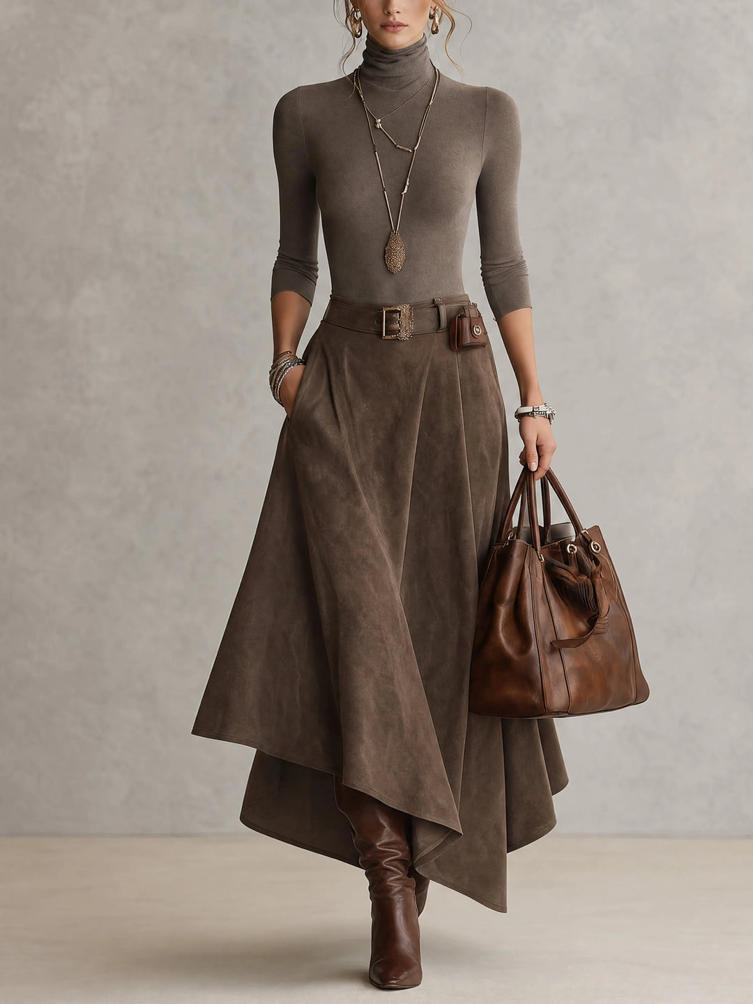 Taupe High-neck Top And Asymmetric Faux-suede Skirt Set(with belt)