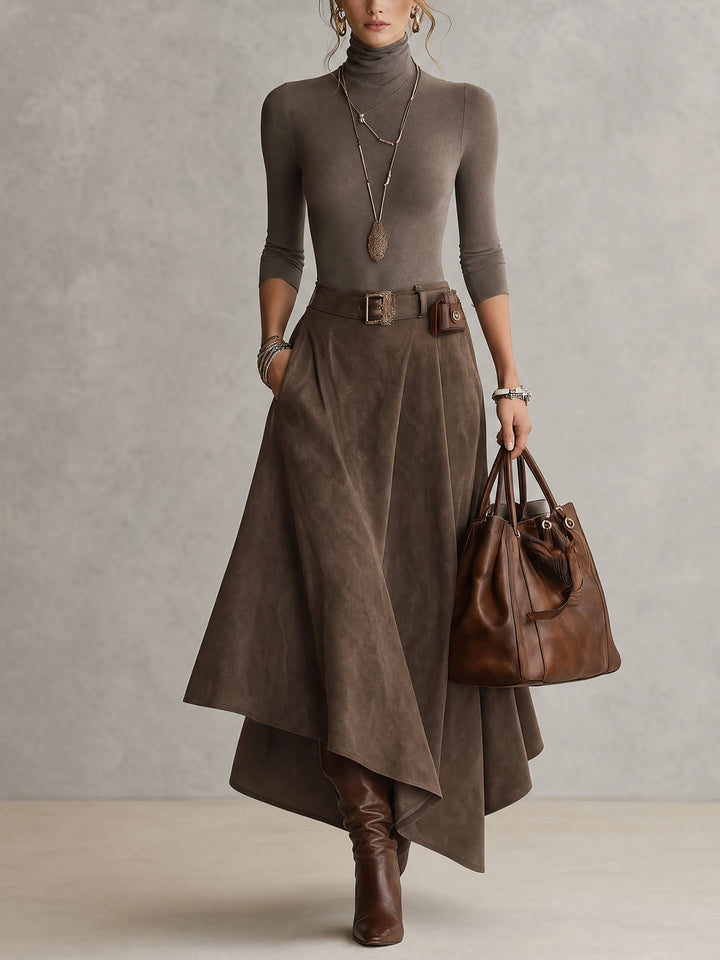 Taupe High-neck Top And Asymmetric Faux-suede Skirt Set(with belt)