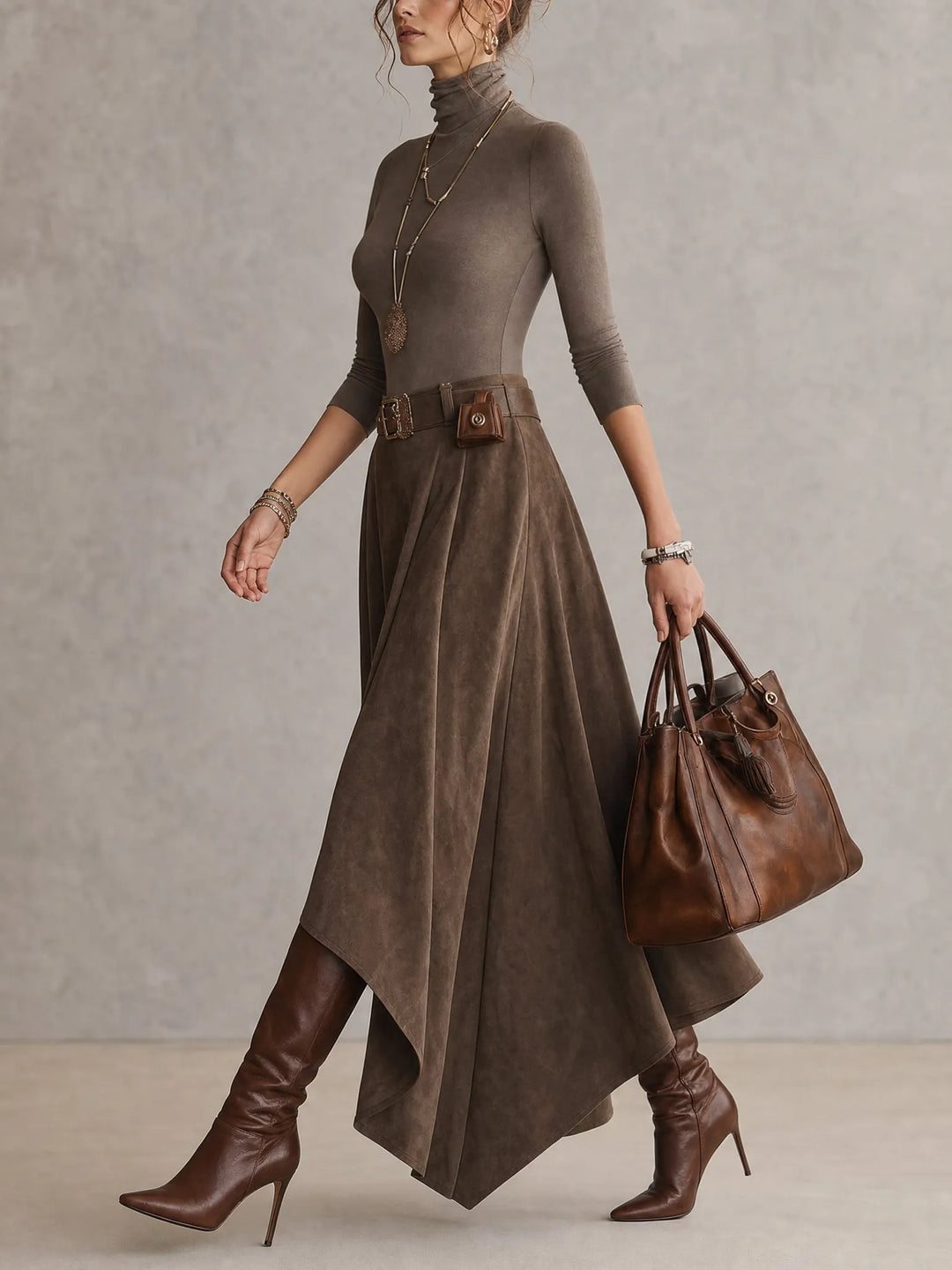 Taupe High-neck Top And Asymmetric Faux-suede Skirt Set(with belt)